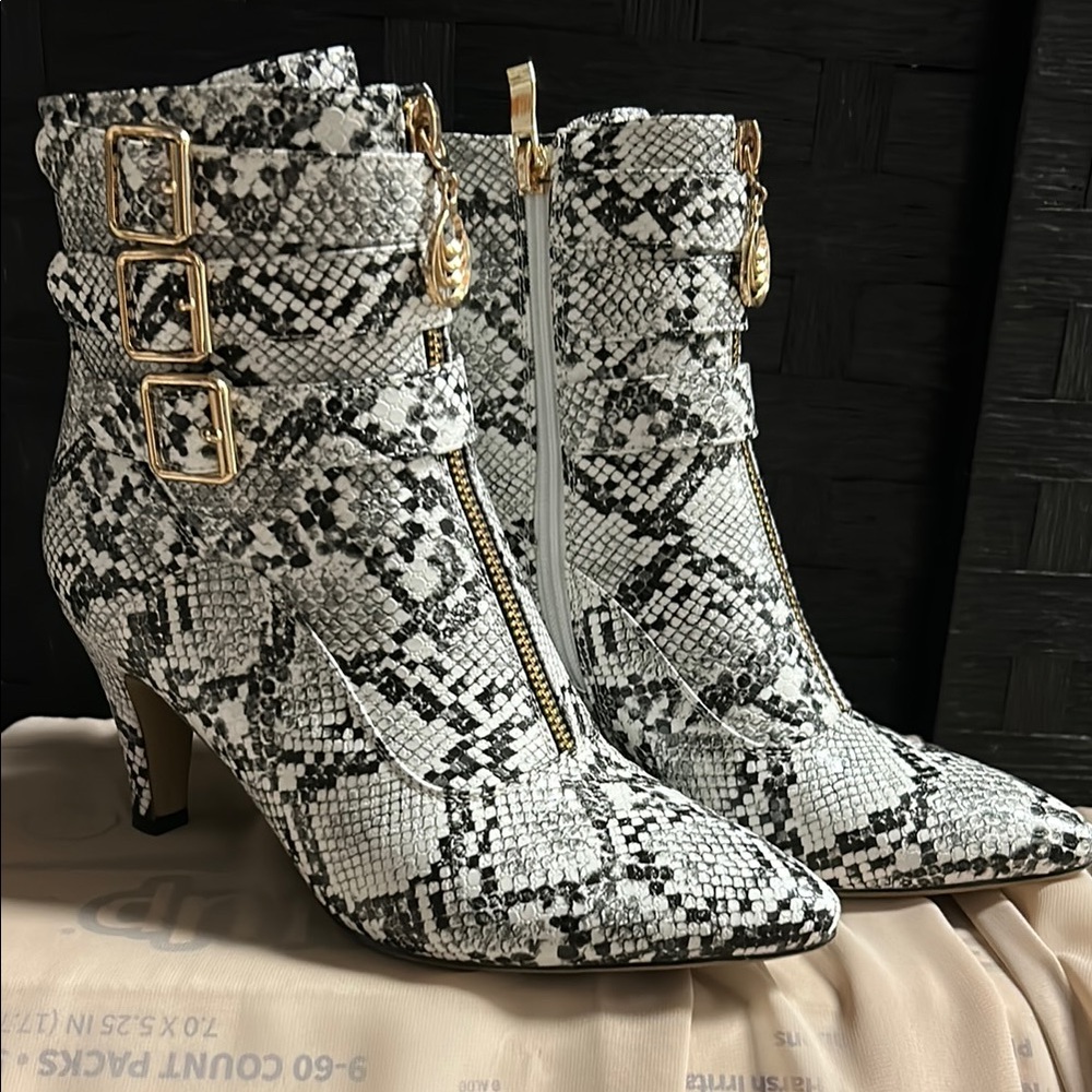 Snakeskin Patterned Ankle Boots with Gold Accents